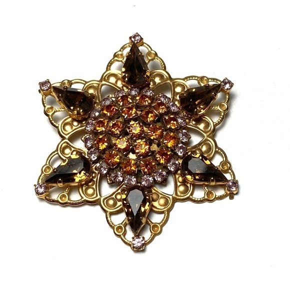 Vintage Brooch Pin Star Crystals Rhinestones Amber Pink Yellow Gold Tone - Picture 7 of 9